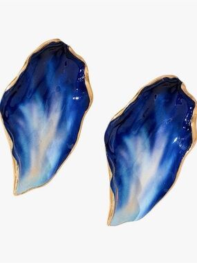 Blue Chunky Flower Leaf Earrings | Big Enamel Statement Dangles